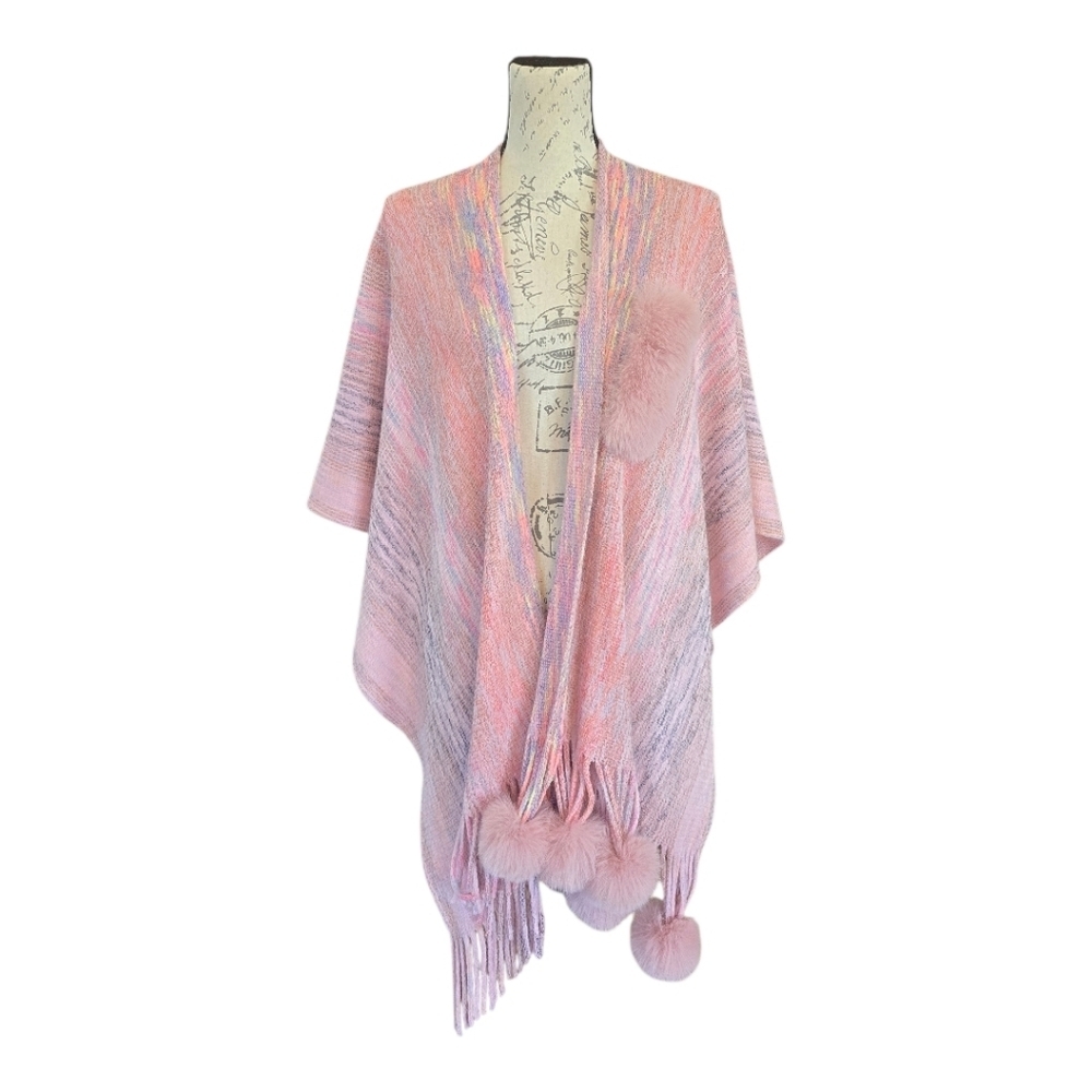 Pink Rainbow Faux Fur Pom Pom Fringe Assymetrical Poncho Wrap - Picture 5 of 7
